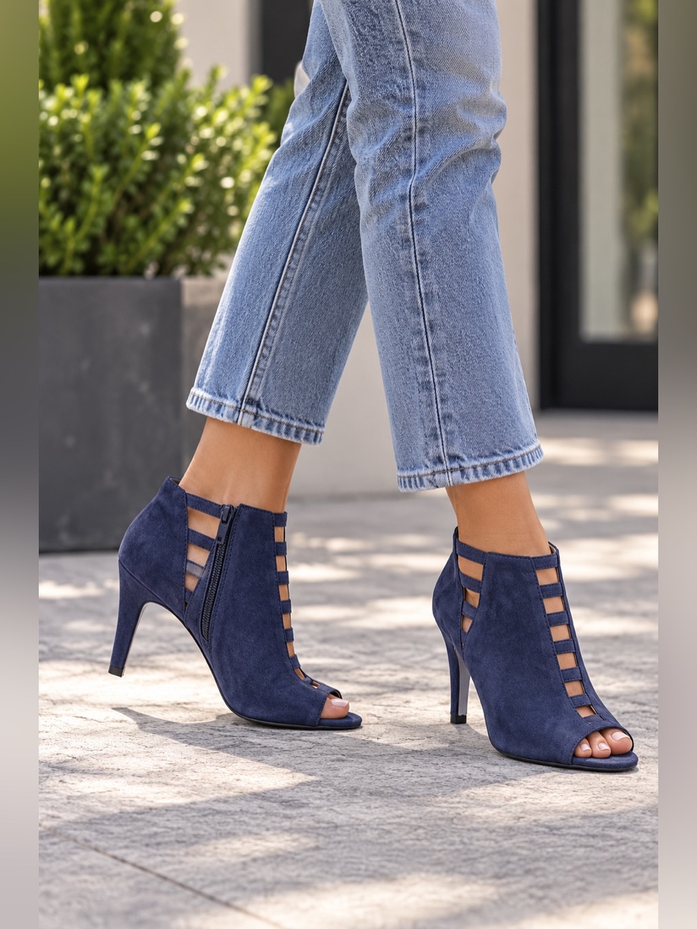Nine West dark blue suede cut out heeled booties size 11